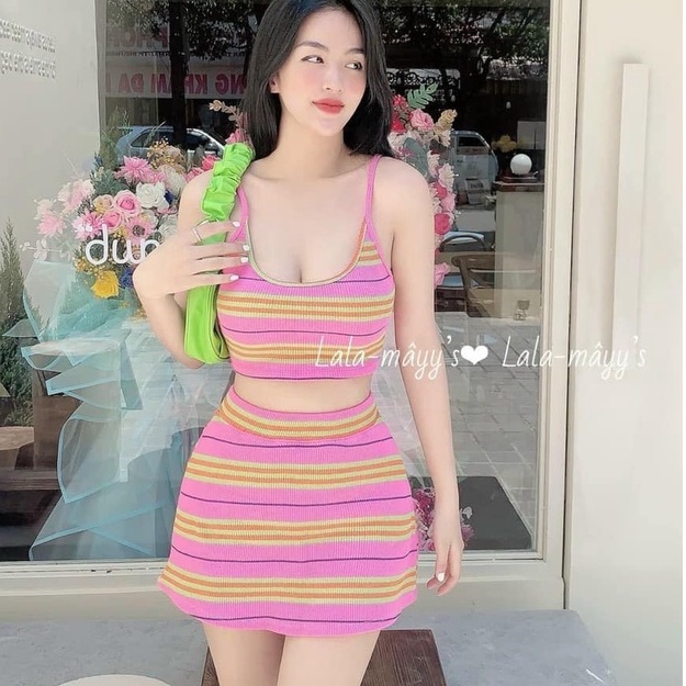 Đồ bộ nữ, set đồ bộ chân váy đùi có quần trong và áo croptop ôm 2 dây vải thun cotton gân borip dày dặn co giản