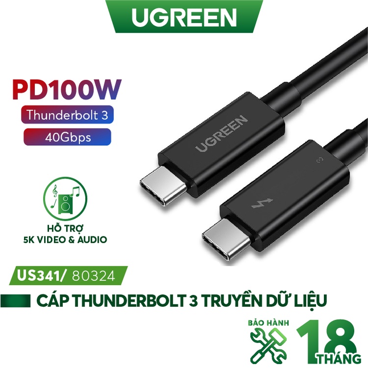 THUNDERBOLT 3 (USB Type-C Gen 3) truyền dữ liệu 40Gbps, xuất hình ảnh 5K60Hz, sạc 100W, dài 0.5-2m UGREEN US341