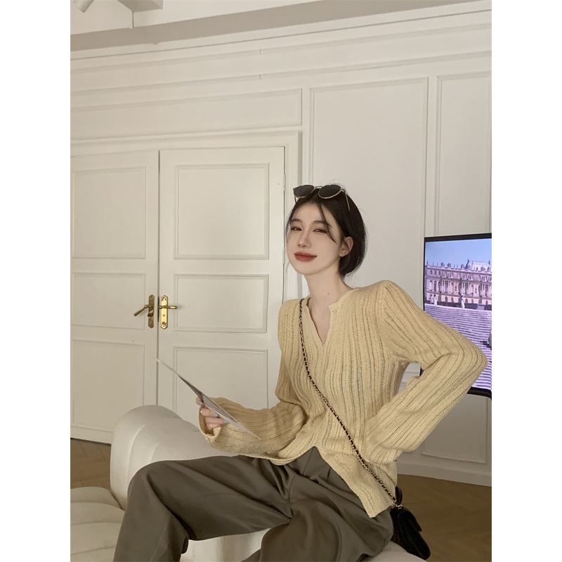 Áo Dệt Kim Tay Dài Cổ Chữ V Màu Trơn Thời Trang Mùa Thu Phong Cách Hàn Quốc