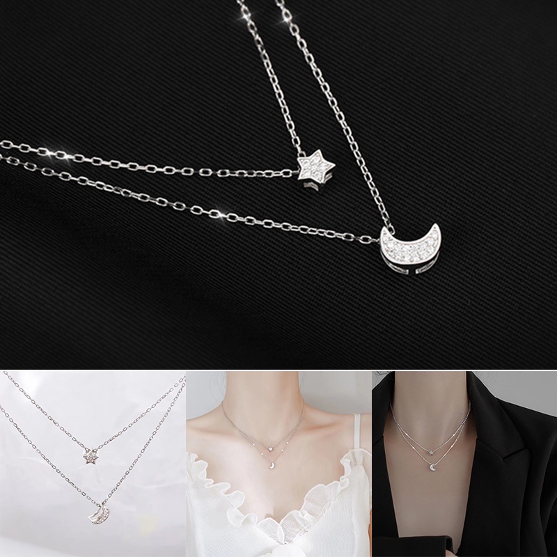 Vòng cổ hai lớp mạ bạc hình trăng sao thanh lịch