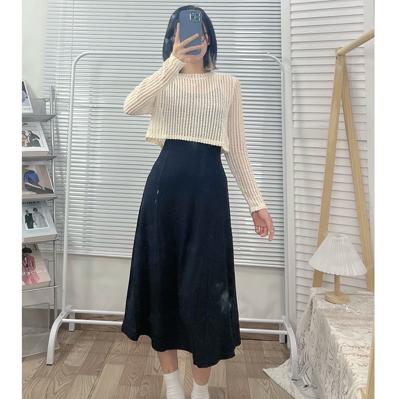 Sét Váy 2 Dây Thun Tăm Kèm Áo Len Lưới Dài Tay M2776-Teen 888