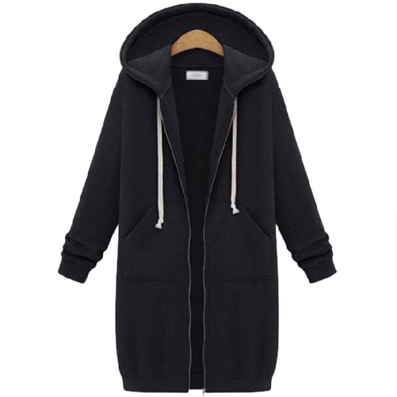 Áo khoác hoodie YEYA dáng dài có khóa kéo và túi phong cách đơn giản màu sắc tùy chọn thời trang dành cho nữ