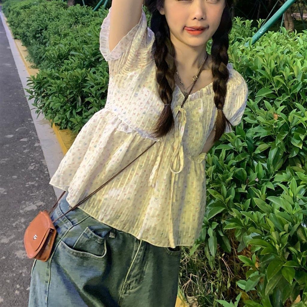 Áo Kiểu chiffon Tay Phồng Trễ Vai Họa Tiết Hoa Phong Cách Pháp