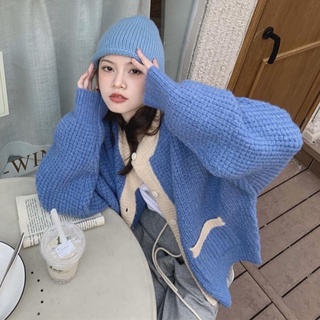 Áo Cadigan Len Xanh Dương Viền Be