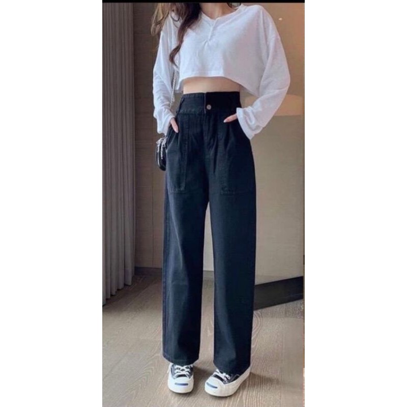 Quần jeans lưng cao ống rộng 2 nút, túi kiểu vuông , kèm ẢNH THẬT TRẢI SÀN
