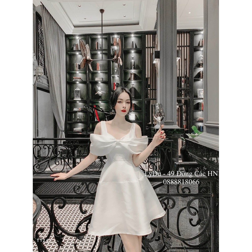 Đầm tafta bóng trễ vai nơ ngực 2 gam màu nhẹ nhàng siêu xinh