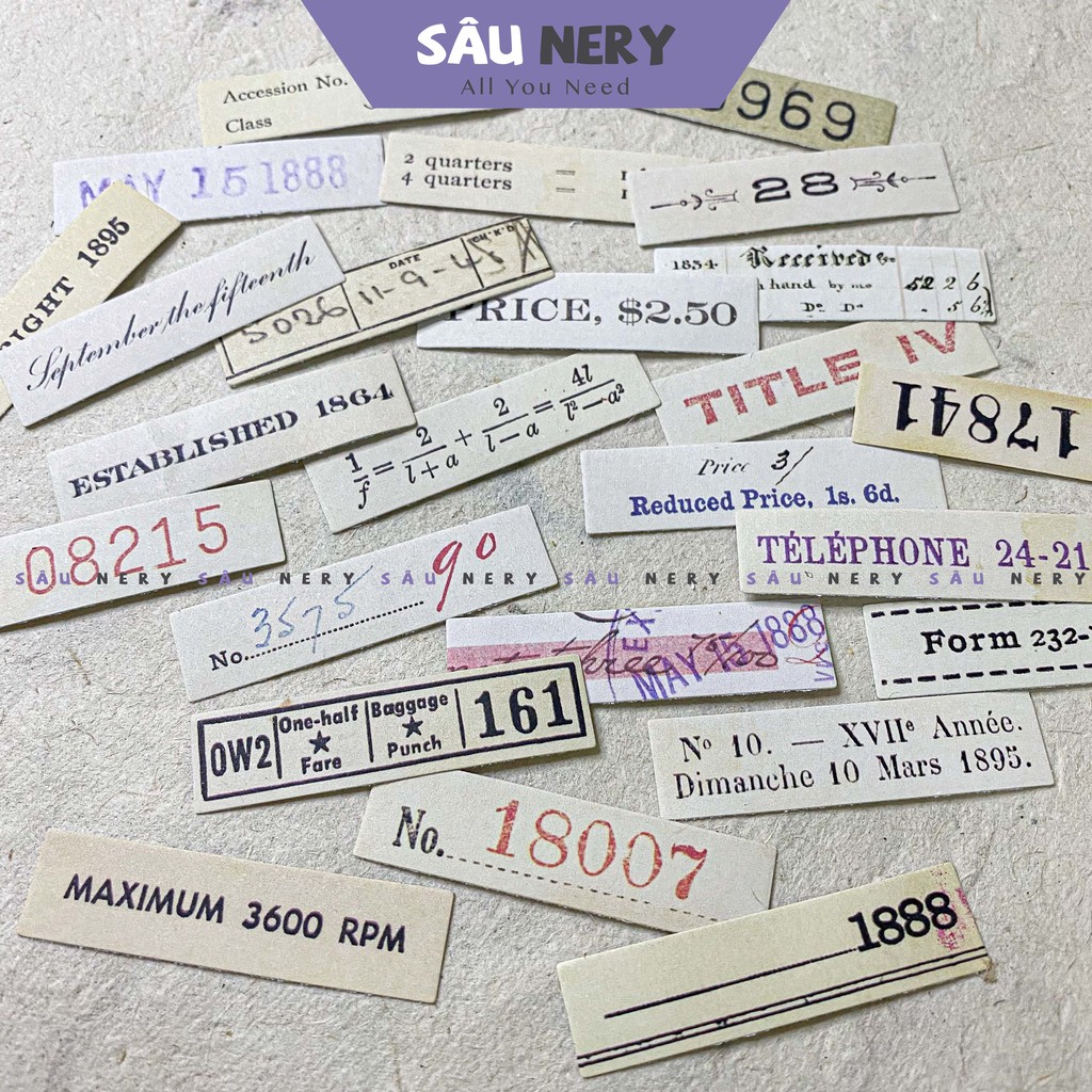 Sâu Nery - SN194 - Set 25 sticker chữ số cổ điển Vintage Junkjournal_Tim Holtz