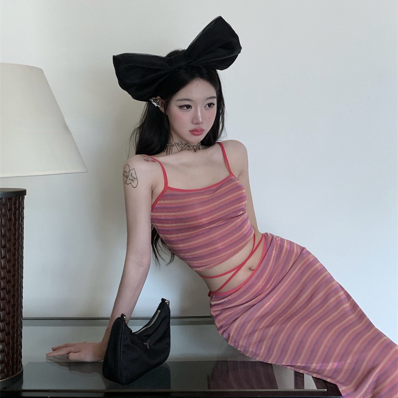 Set Áo Hai Dây + Chân Váy Kẻ Sọc Phong Cách Retro Hàn Quốc Cho Nữ