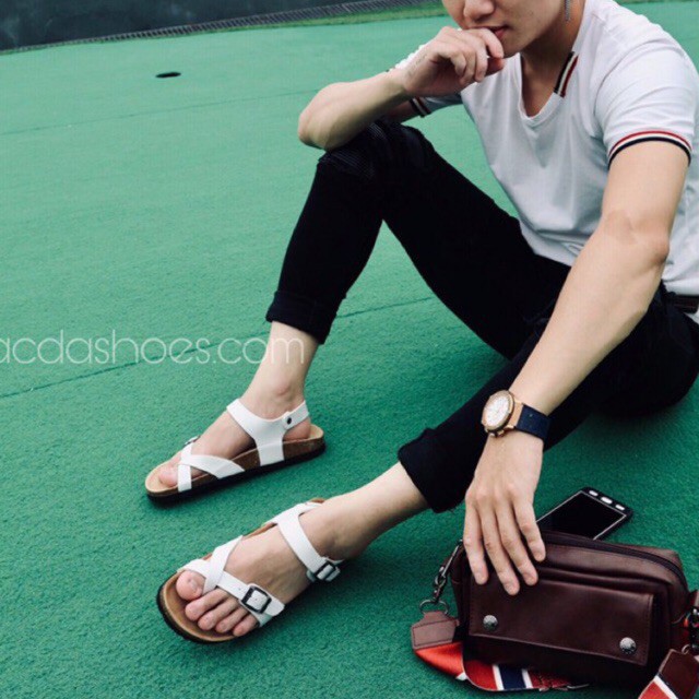 Sandals Lacda đế Trấu Xỏ ngón quai Trắng unisex da pu