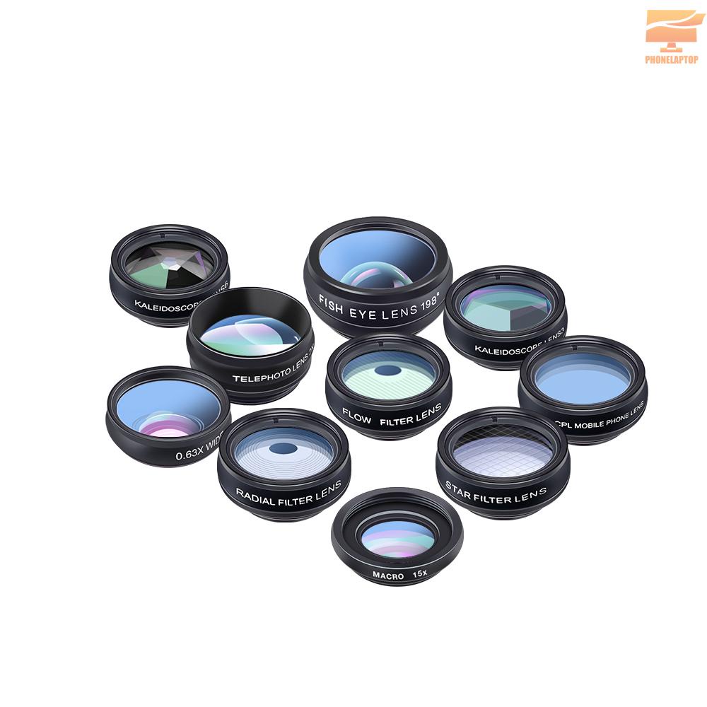 APEXEL 10 in 1 Phone Camera Lens Kit with 0.63X Wide Angle + 15X Macro + 198°Fisheye + 2X Telephoto + CPL + Star Filter + Radial Filter + Flow Filter + Kaleidoscope 3 + Kaleidoscope 6 Compatible with Android iPhone