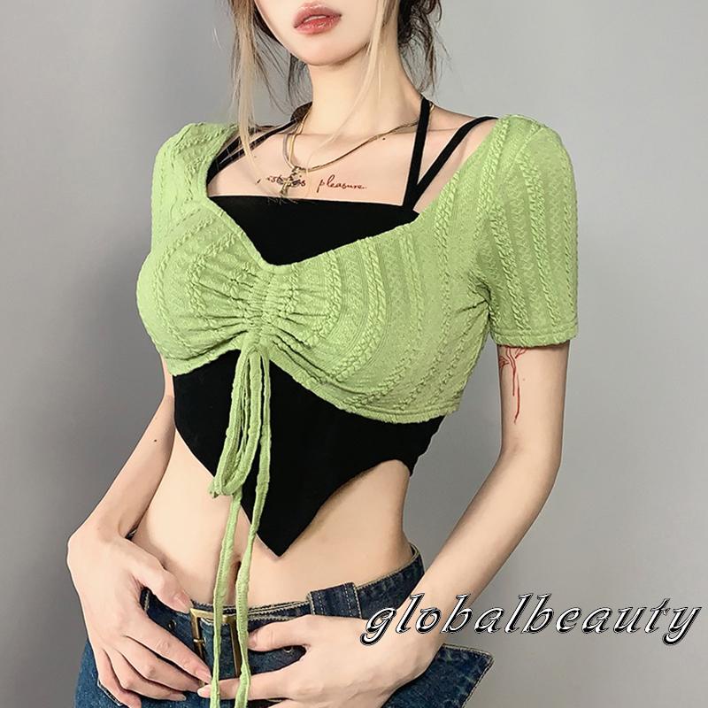 Áo Croptop Hai Dây Và Áo Sơ Mi Tay Ngắn Màu Xanh Lá Phối Dây Rút Thời Trang Dành Cho Nữ