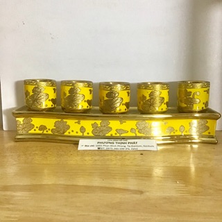 Bộ 5 Ly_Chung Nước Thờ Sen Vàng Chạm 3D Có Đế