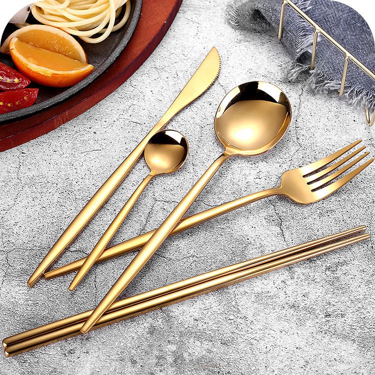 Bộ Muỗng Nĩa Đũa Vàng Gold Inox 304 Sang Trọng Cao Cấp Không Gỉ Basic Golden Cutlery