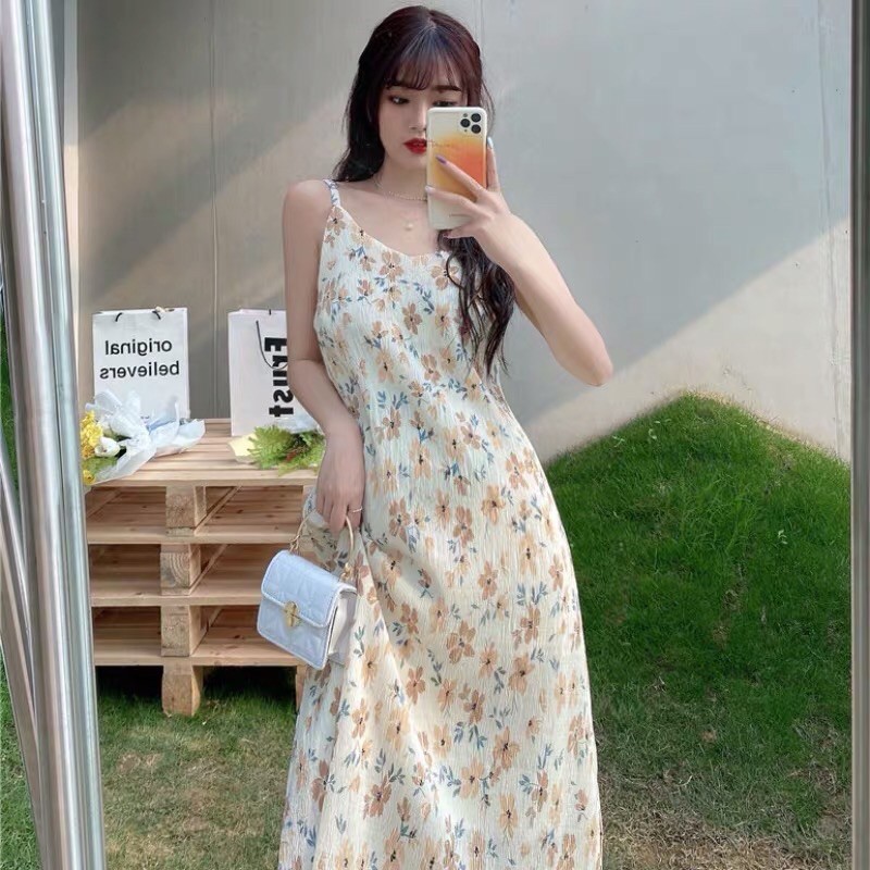 [HÀNG ORDER] Váy Đầm 2 dây nữ xếp li hoa nhí cổ chữ V phong cách Hàn Quốc AH1123