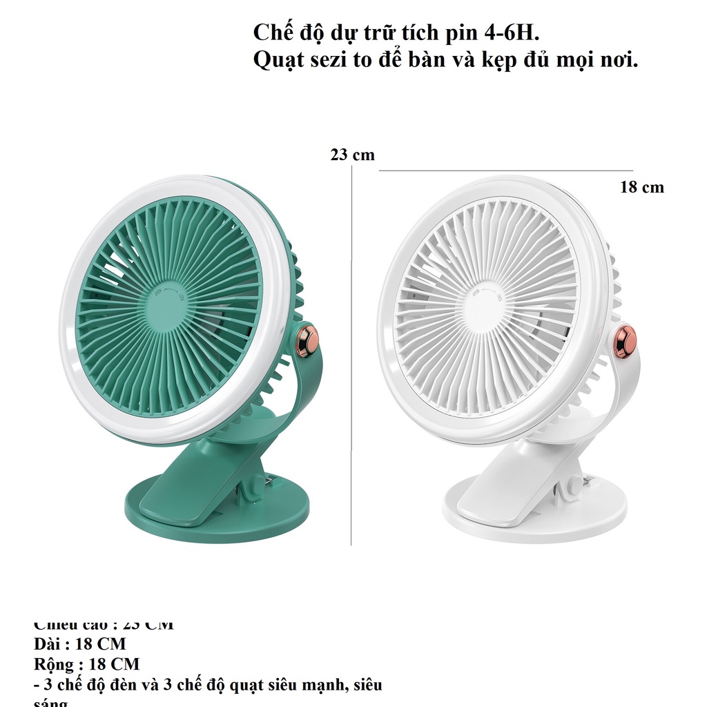 Quạt kẹp bàn loại size to chỉnh 3 tốc độ gió và 3 chế độ đèn sáng sạc pin tích điện 8h cực bền