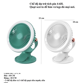 Quạt kẹp bàn loại size to chỉnh 3 tốc độ gió và 3 chế độ đèn sáng sạc pin tích điện 8h cực bền