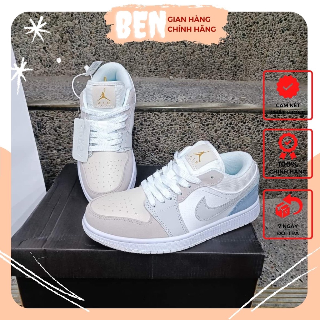 Giày Jordan cổ thấp màu xám gót xanh nam nữ, Giày Jordan 1 low Paris xám bản đẹp full box bill