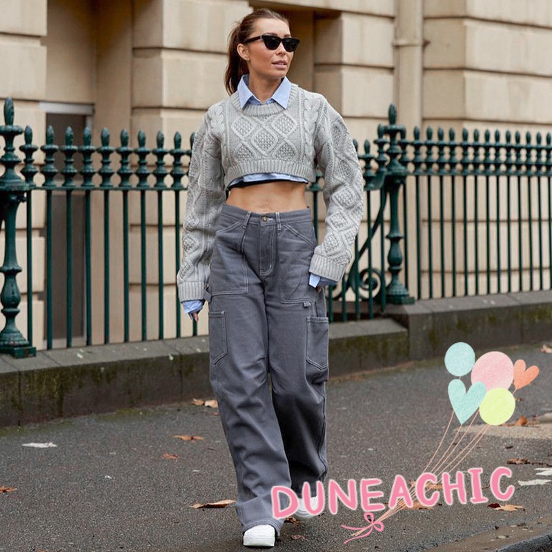 DUNEA Áo sweater dệt kim tay dài dáng rộng màu trơn thời trang dành cho nữ