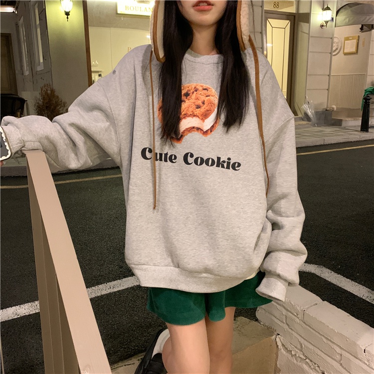 Áo sweatshirt SUXI lót lông cừu tay dài cổ tròn dáng rộng họa tiết Hàn Quốc thời trang dành cho nữ