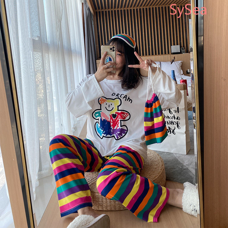 Bộ đồ ngủ tay dài dáng rộng in họa tiết hoạt hình phong cách Hàn Quốc đáng yêu cho nữ