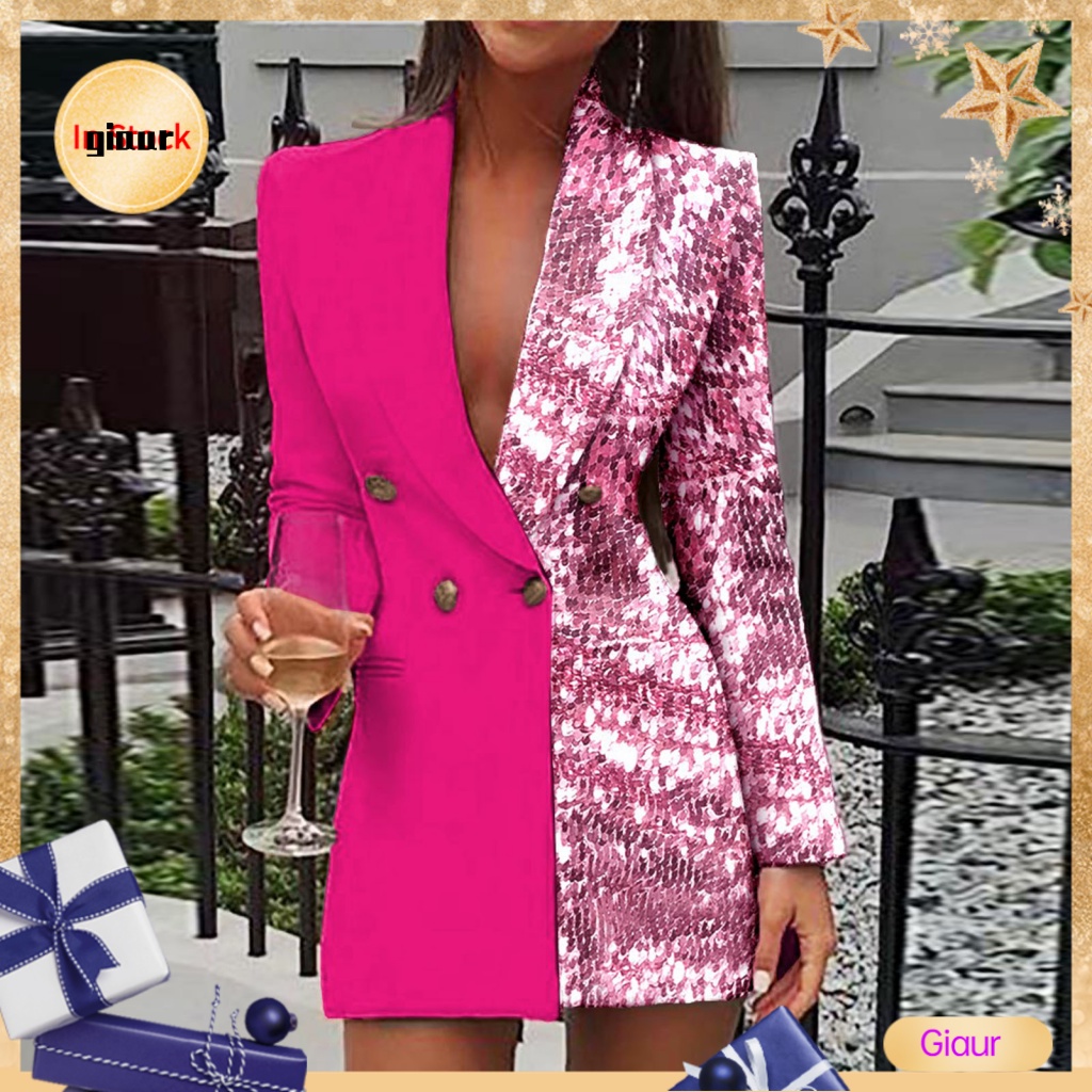 Giaurz Áo Khoác Blazer Đính Kim Sa Lấp Lánh Hai Hàng Nút Màu Sắc Tương Phản Ấm Áp