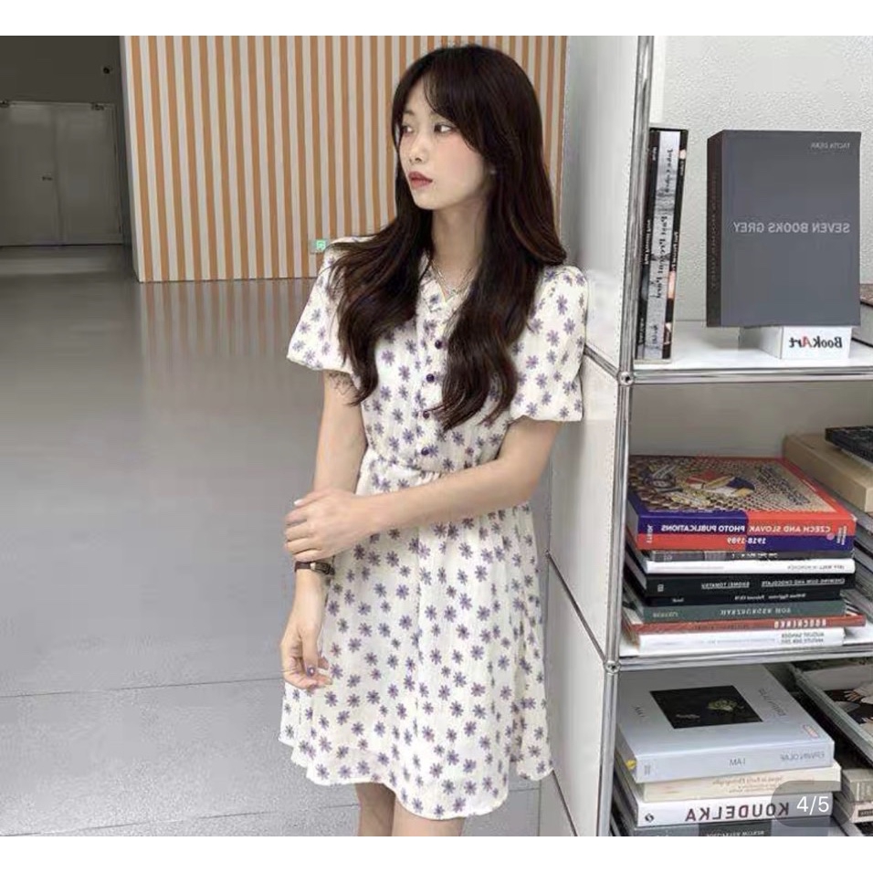 Đầm hoa nhí  - váy vintage hoa cúc tím nền trắng tay bồng siêu xinh | BigBuy360 - bigbuy360.vn