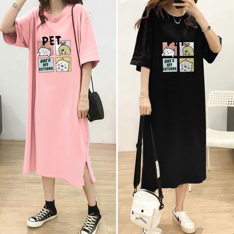 Đầm bầu thun cotton họa tiết ô vuông mèo hoạt hình xinh xắn Váy cổ tròn ngắn tay thoáng mát
