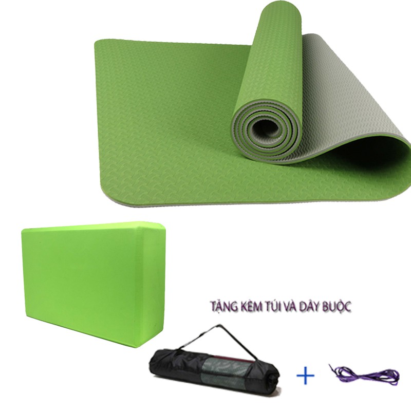 Combo Thảm Tập Yoga TPE 6mm 2 lớp + Gối Tập Yoga PVC (Tặng Kèm Túi Và Dây Yoga)