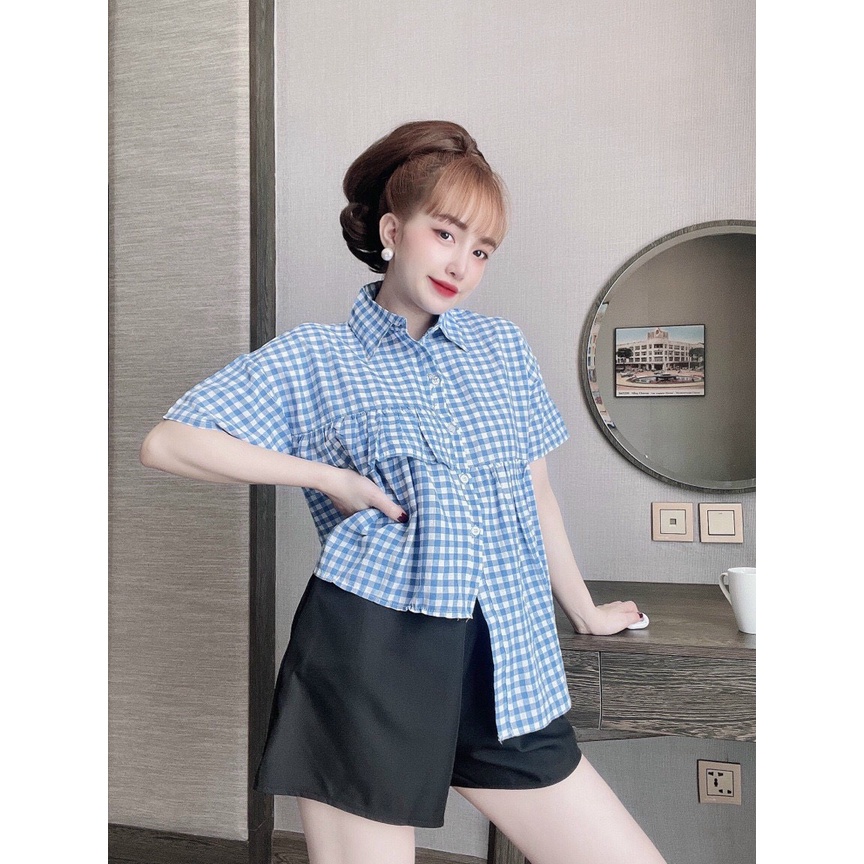 Set bộ nữ mặc đi chơi, áo kiể nữ tay ngắn cổ bẻ, quần đùi ngắn, quần short ngắn