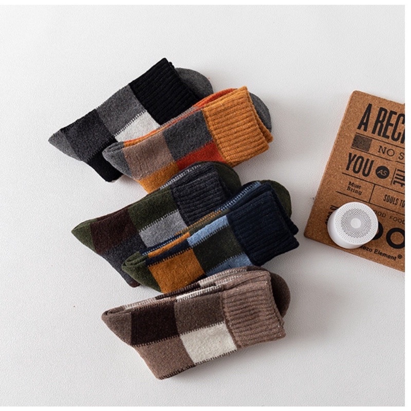 [TonaShoe] Tất Cổ Cao Sọc Caro Nam Nữ Len Dày Hợp Mùa Thu Đông