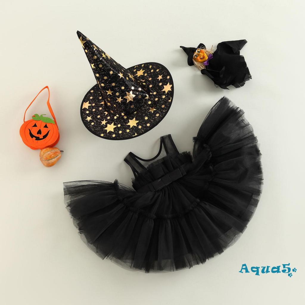 Aqq-đầm Xếp Tầng Không Tay Màu Trơn Kèm Mũ Phù Thủy Hóa Trang Halloween Cho Bé Gái