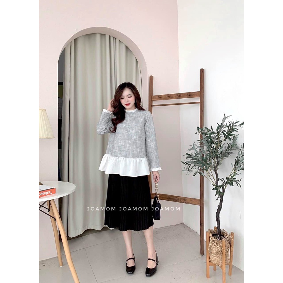 Áo sơ mi bầu dạ phỗi bèo cách điệu Joamom Ab126