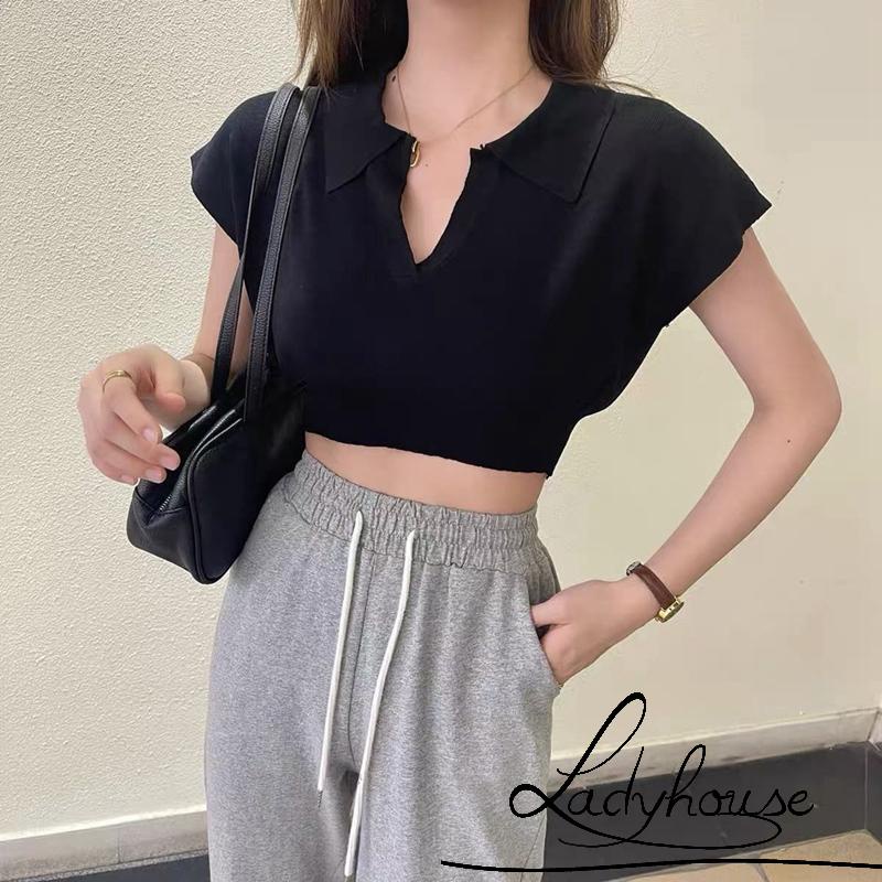 LD-Áo Croptop Dệt Kim Tay Ngắn Phong Cách Retro Hàn Quốc Thời Trang Mùa Hè 4 Màu Tùy Chọn Cho Nữ