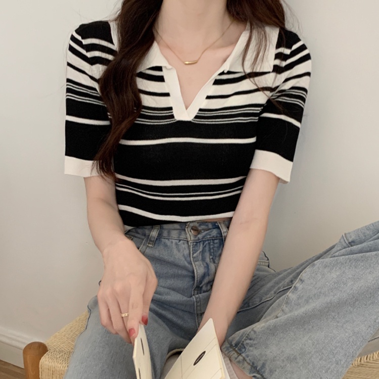 Áo thun ZHELIHANGFEI cổ polo tay ngắn họa tiết sọc ngang thời trang dành cho nữ