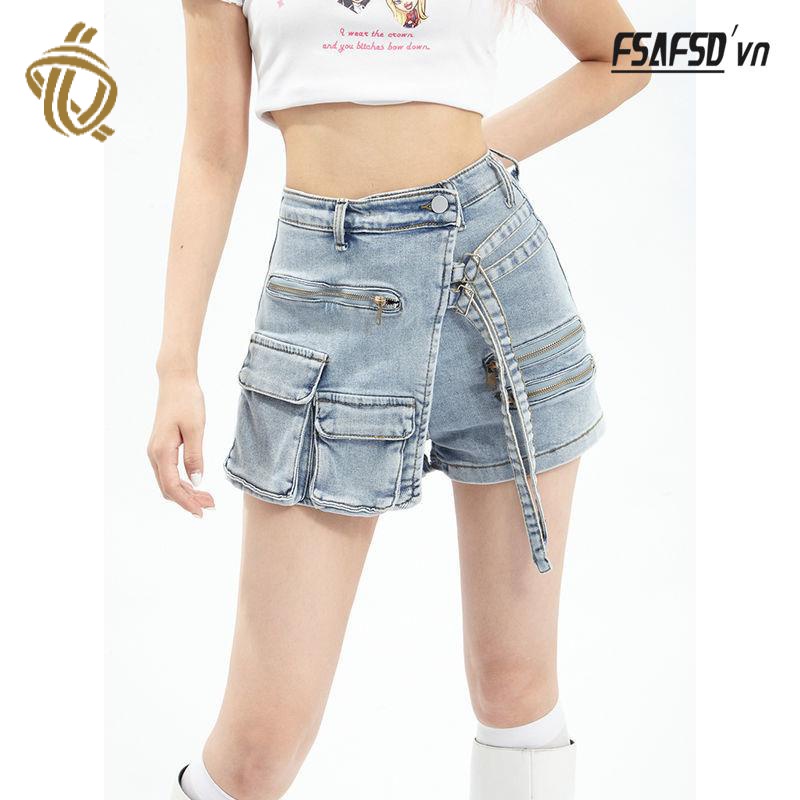 Quần Short Denim Lưng Cao Phối Khóa Kéo Thời Trang Cá Tính Cho Nữ