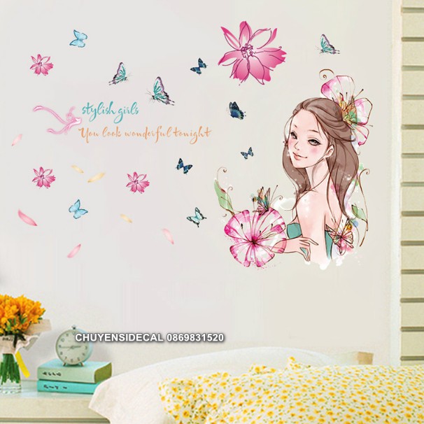 Decal trang trí tường - Cô Gái Tóc Hồng Hoa lớn