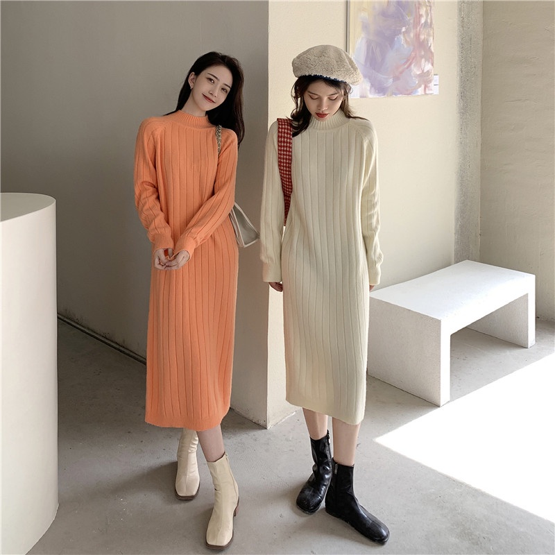 Đầm Sweater Dệt Kim Dáng Dài Qua Gối Cổ Cao Kiểu Pháp Thời Trang Thu Đông Cho Nữ