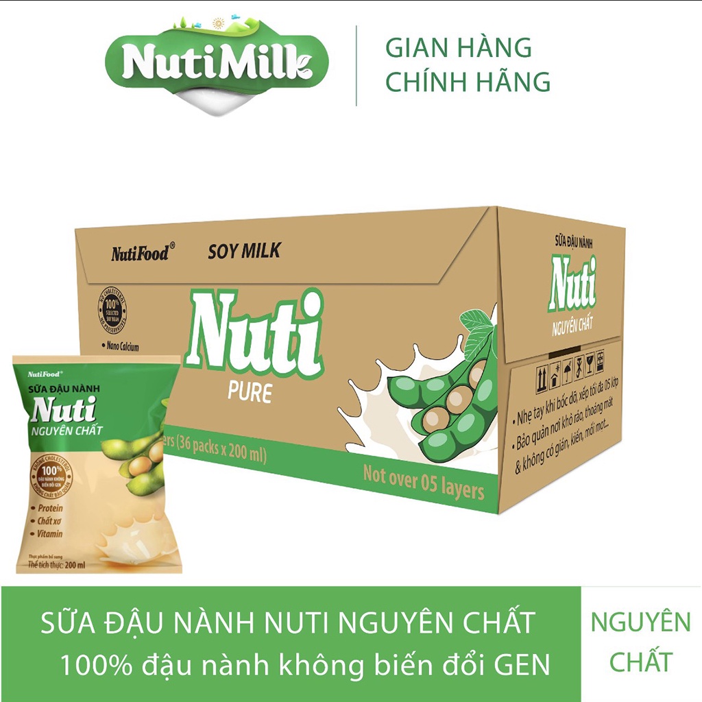 Thùng 36 Bịch Sữa Đậu Nành Nguyên Chất Nuti 200ml