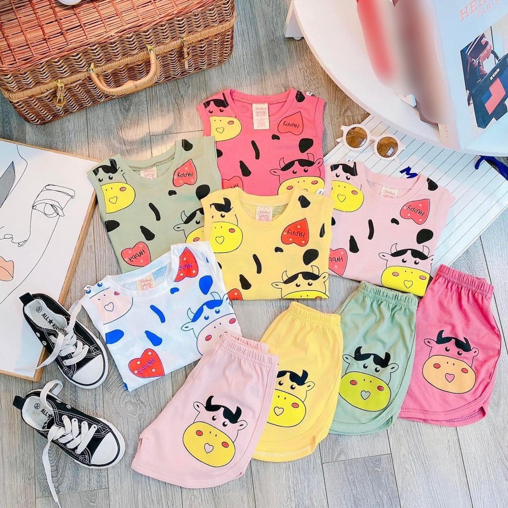 [MẪU MỚI] BỘ BA LỖ IN HÌNH BÒ SỮA CHẤT COTTON MỀM MÁT CHO BÉ YÊU 7-18KG. VIDEO THẬT. XƯỞNG MAY BIBO
