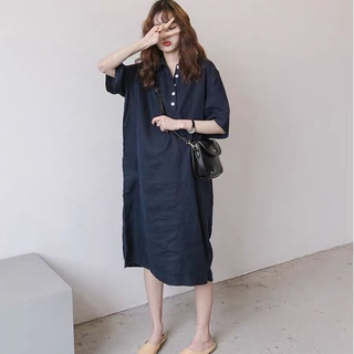 Đầm suông Linen form rộng cổ sơ mi 2 túi bên sườn SLINEN, chất vải Linen bột Premium, form suông không kén dáng mặc