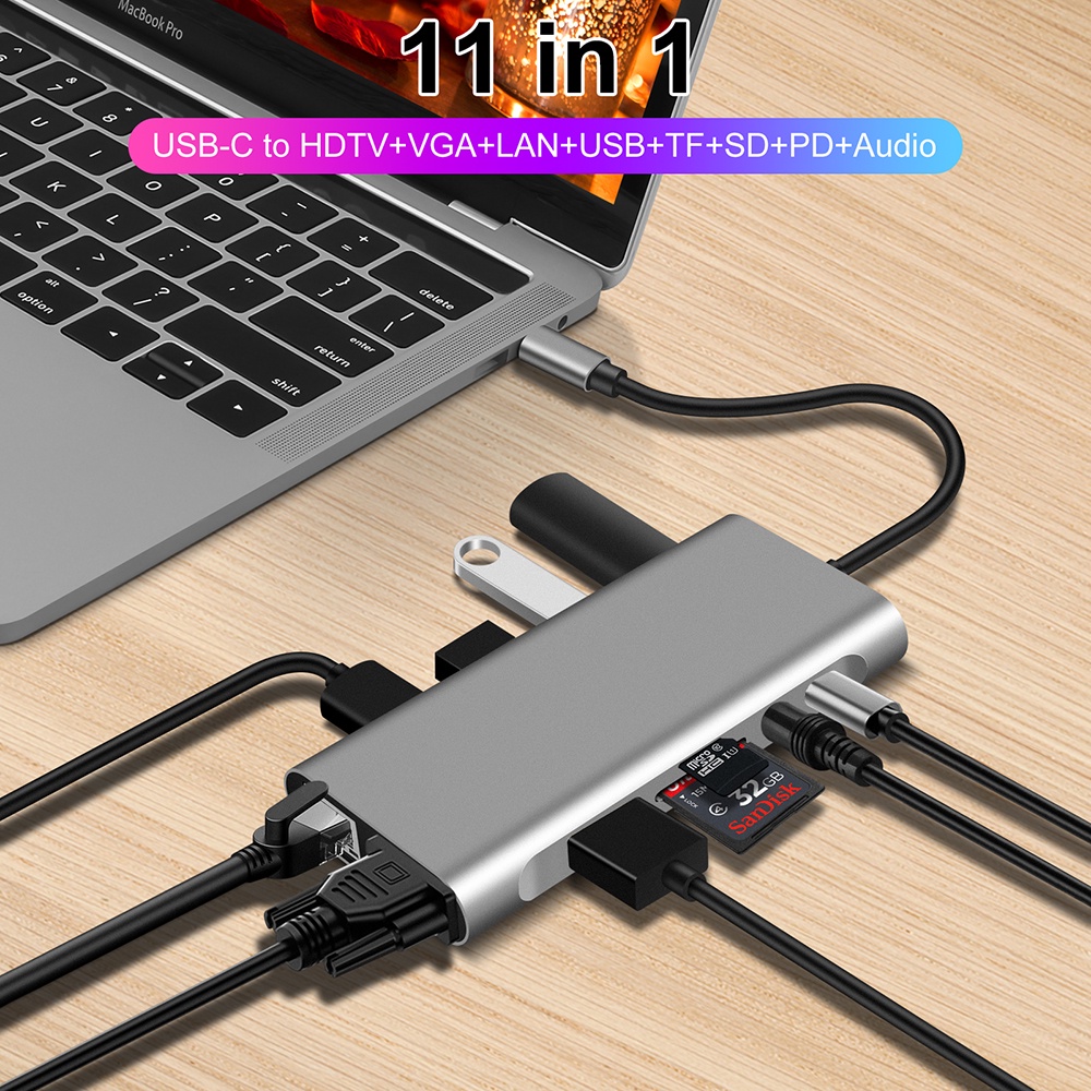 GOOJODOQ Bộ Chia Cổng usb c 11 Trong 1 rj 45 vga Sang hdmi 4k lan ethernet hdtv pd tf card aux 3.5mmusb hub