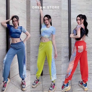 Set áo crop rút dây eo + quần thể thao loang màu