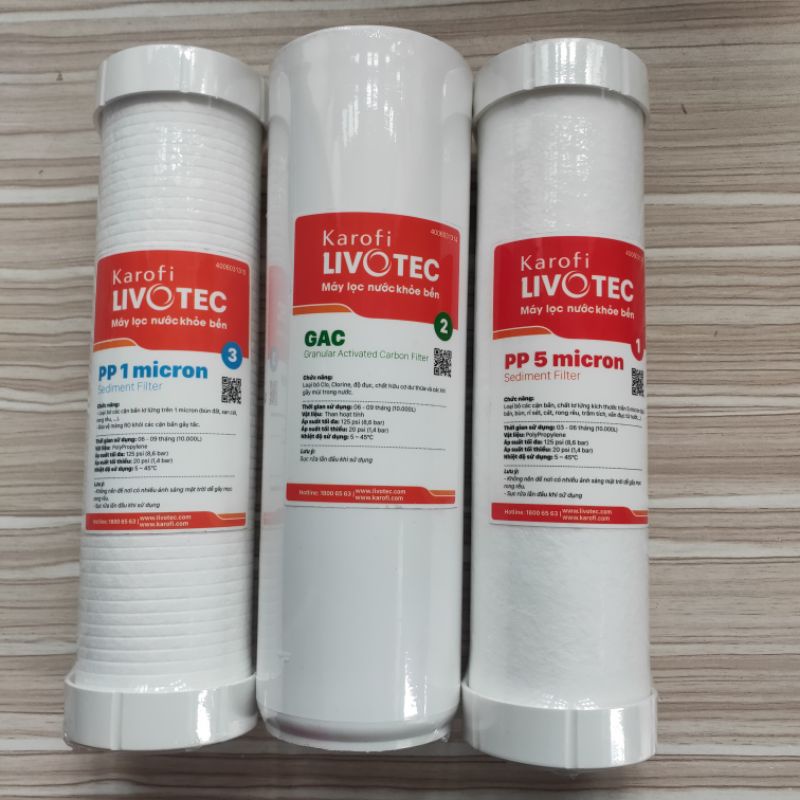 Lõi lọc nước Karofi livotec 1,2,3, lõi lọc 1,2,3 karofi, bộ lõi máy lọc ro