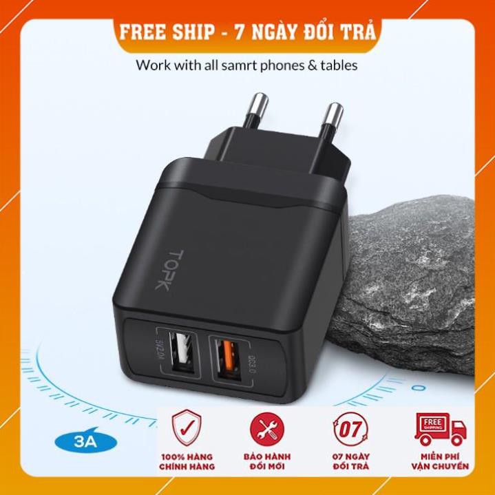 [FREESHIP] Củ sạc nhanh (cục sạc) chia hai cổng kết nối USB TOPK sạc nhanh 28W QC 3.0 đầu cắm EU cho khi du lịch