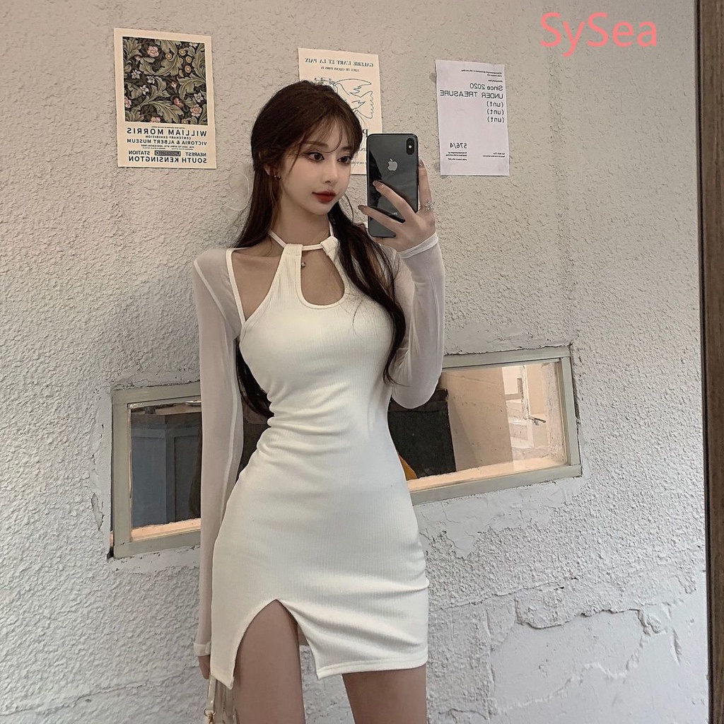 Đầm Tay Dài Phối Lưới Thiết Kế Xẻ Tà Thời Trang Mùa Thu Quyến Rũ Cho Nữ