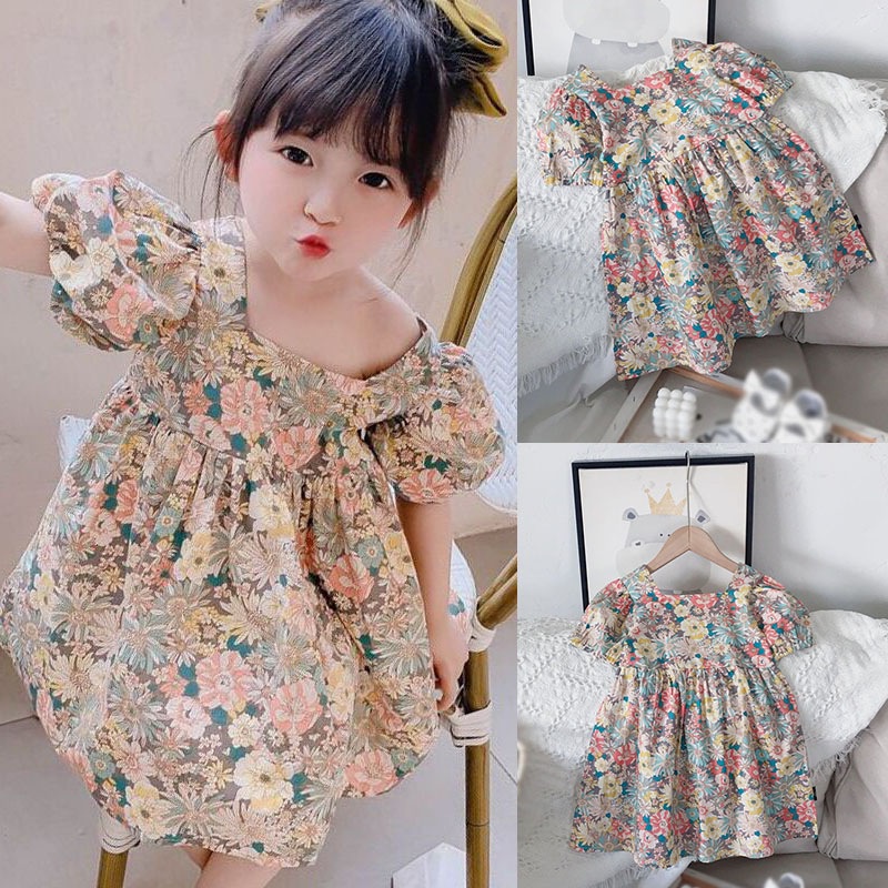 Đầm Tay Phồng Hở Lưng Dáng Rộng In Họa Tiết Hoa Thời Trang Mùa Hè Xinh Xắn Cho Bé Gái