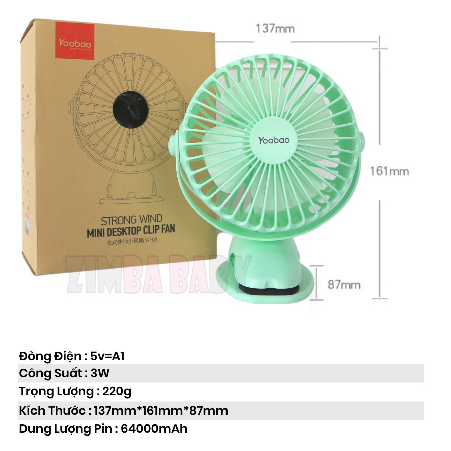 Quạt Kẹp Tích Điện Mini Yoobao 6400mah kẹp Bàn, Xe đẩy, Nôi Cũi, Sử Dụng Văn Phòng, Du Lịch Zimbababy