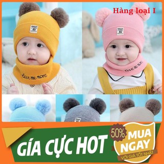 Mũ len trẻ em, mũ len cho bé 2 quả bông kèm khăn quàng cổ giữ ấm cho bé dưới 3 tuổi