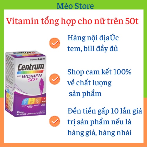 Vitamin tổng hợp dành cho nữ trên 50 tuổi Centrum for women 50+  hộp 90 viên- Hàng nội địa Úc, có tem chemist