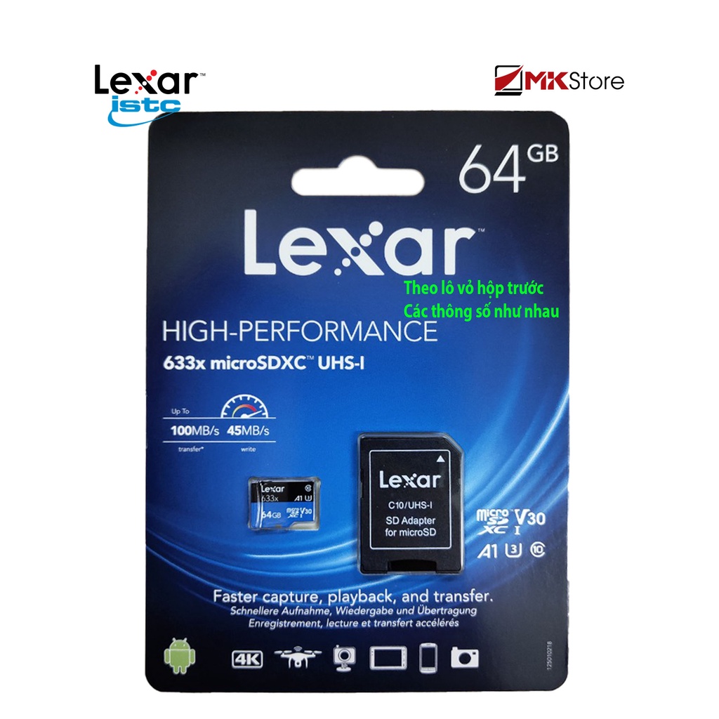 [Mã ELFLASH3 hoàn 10K xu đơn 20K] Thẻ nhớ Lexar 64Gb 633x MicroSDHC UHS-I Class 10 A1 U3 100MB/s + Adapter